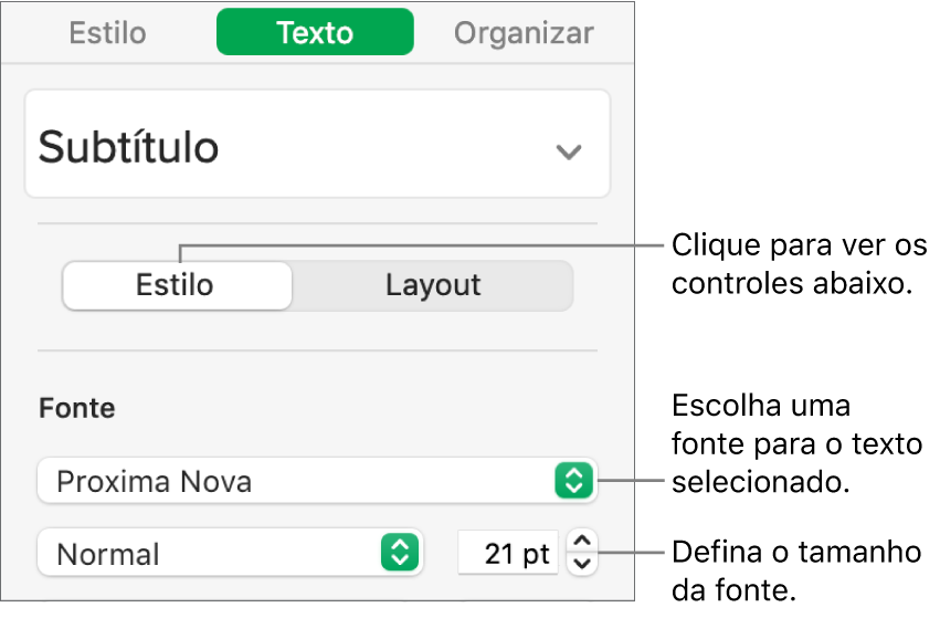 Controles de texto na seção Estilo da barra lateral Formatar para ajustar a fonte e o tamanho da fonte.