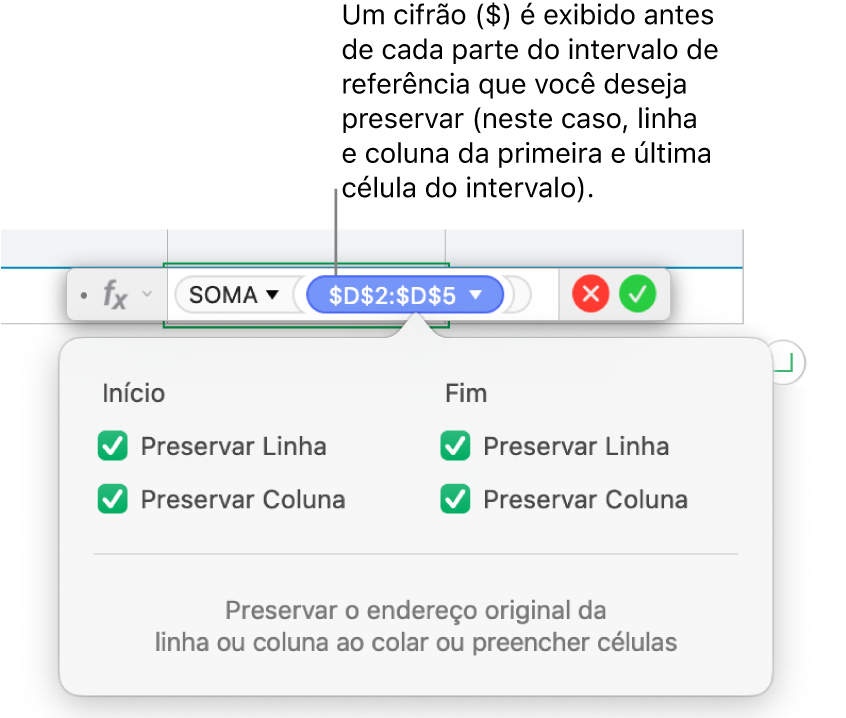 Fórmula exibindo referências de linha e coluna preservadas.