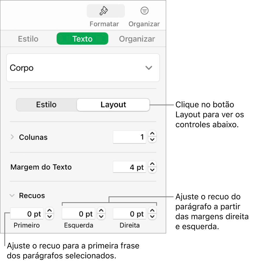 Seção Layout da barra lateral Formatar mostrando controles para ajuste do recuo da primeira linha e das margens do parágrafo.