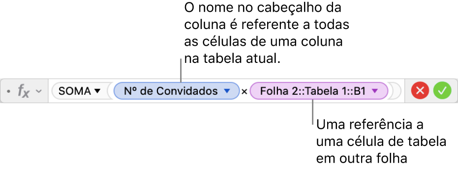 Editor de Fórmula mostrando uma fórmula referente a uma coluna de uma tabela e a uma célula de outra tabela.