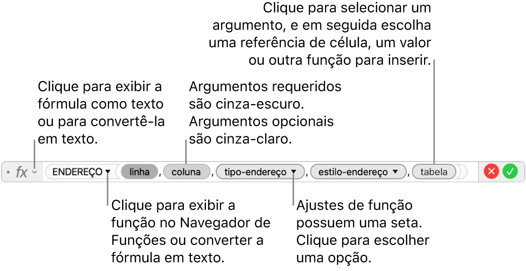 Editor de Fórmula mostrando a função ENDEREÇO e seus tokens de argumento.