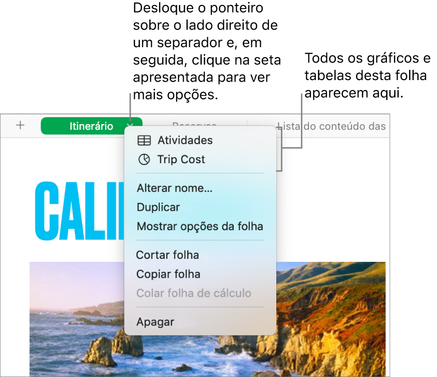 Um separador de folha de cálculo com o menu de atalhos aberto, a mostrar opções como “Duplicar”.