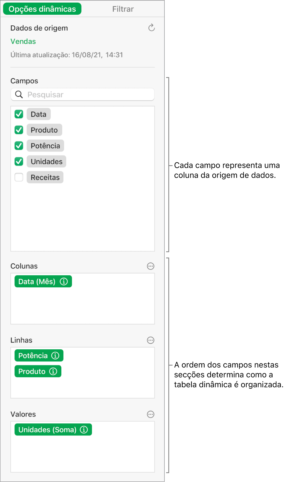 O menu "Opções dinâmicas” a mostrar campos nas secções “Colunas”, “Linhas” e “Valores”, bem como os controlos para editar os campos e atualizar a tabela dinâmica.