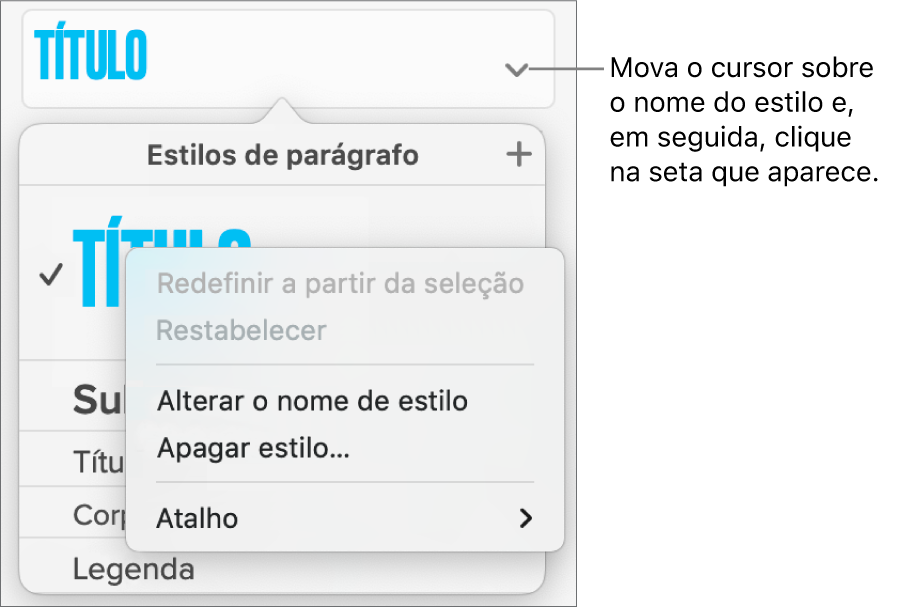 O menu “Estilos de parágrafo” com o menu de atalhos aberto.