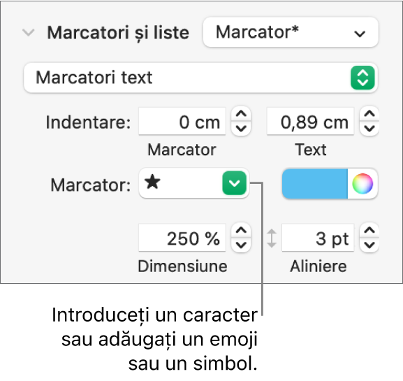 Secțiunea Marcatori și liste din bara laterală Format. Câmpul Marcatori afișează un emoji stea.
