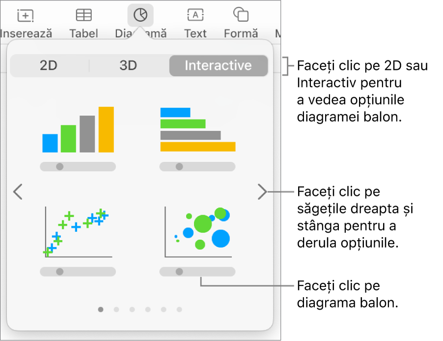 Meniul diagramei afișând diagrame interactive, inclusiv o opțiune de diagramă balon.