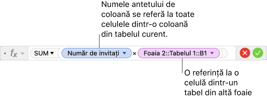 Editorul de formule afișând o formulă care se referă la o coloană dintr-un tabel și o celulă din alt tabel.