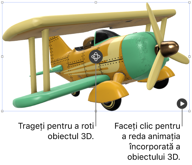 Un obiect 3D cu un buton Rotire în mijlocul său și butonul Redare în colțul din dreapta jos.