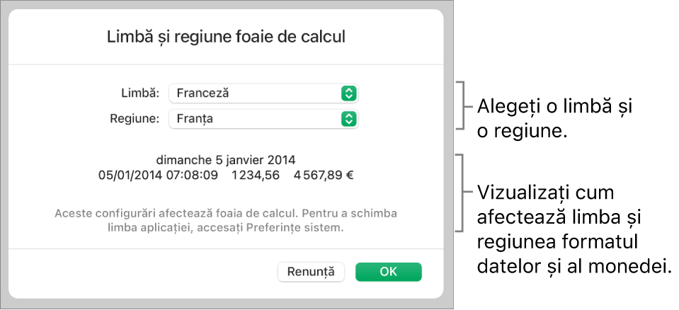 Panoul Limbă și regiune, cu comenzile pentru limbă și regiune și un exemplu de format, inclusiv data, ora, zecimale și valuta.