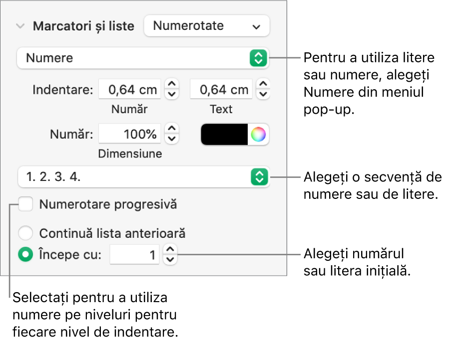 Comenzi pentru a modifica stilul de numere și spațierea unei liste.