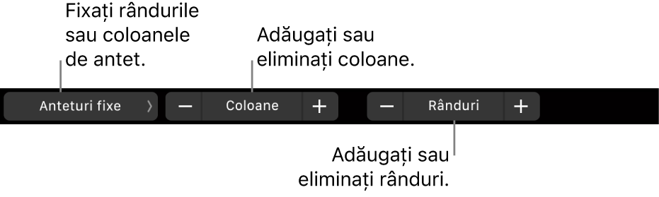 Bara Touch Bar de pe MacBook Pro cu comenzi pentru fixarea rândurilor sau coloanelor de antet, adăugarea sau eliminarea coloanelor și adăugarea sau eliminarea rândurilor.