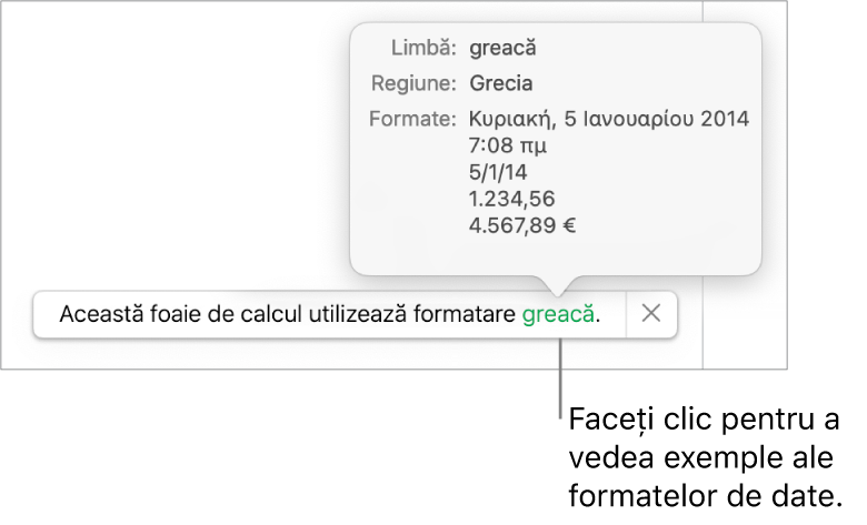 Notificarea privind configurarea limbii și regiunii diferite, afișând exemple de formatare în limba și regiunea respectivă.