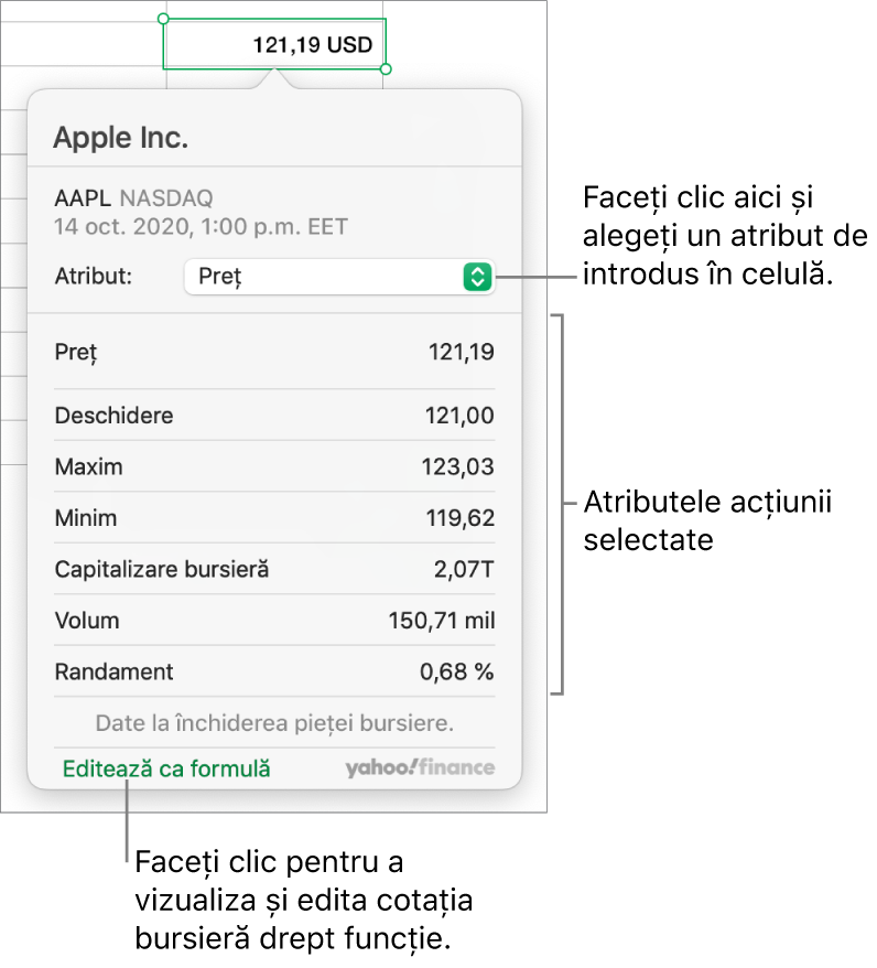Fereastră de dialog pentru inserarea informațiilor despre un atribut bursier, având Apple ca acțiune selectată.