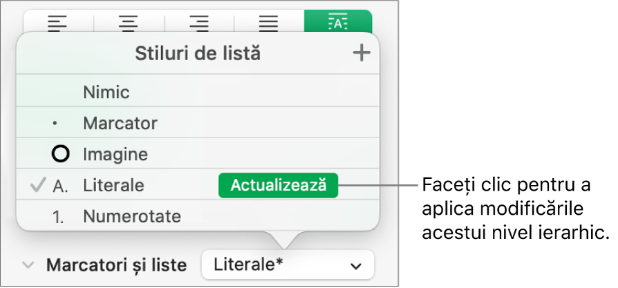 Meniul pop-up Stiluri de listă, cu un buton Actualizează lângă numele noului stil.