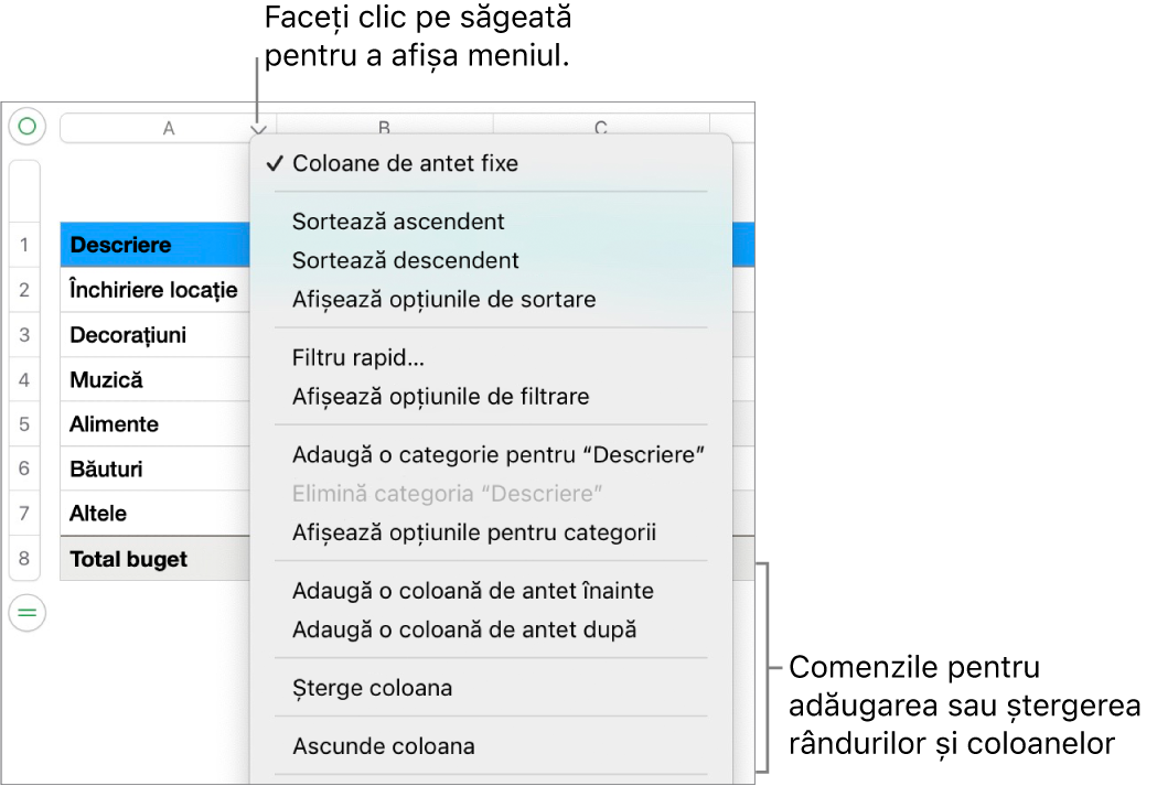 Meniul unei coloane de tabel incluzând comenzi pentru adăugarea sau ștergerea rândurilor și coloanelor.