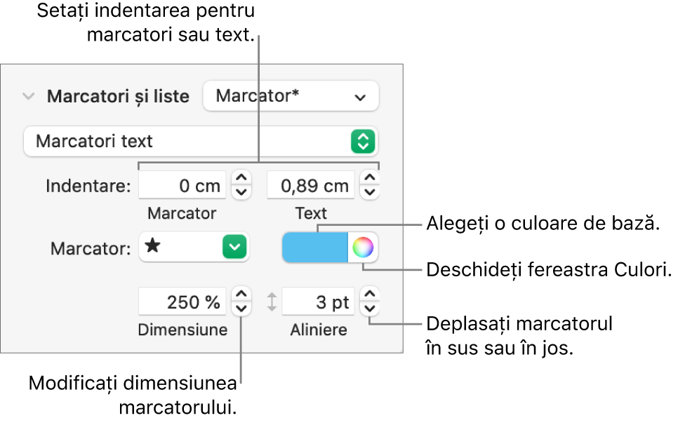 Secțiunea Marcatori/liste cu explicații pentru comenzile de indentare cu marcator și text, culoarea marcatorului, dimensiunea marcatorului și aliniere.