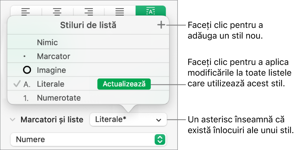Meniul pop-up Stiluri de listă cu un asterisc care indică o suprareglare și explicații la butonul Stil nou, precum și un submeniu cu opțiuni pentru gestionarea stilurilor.
