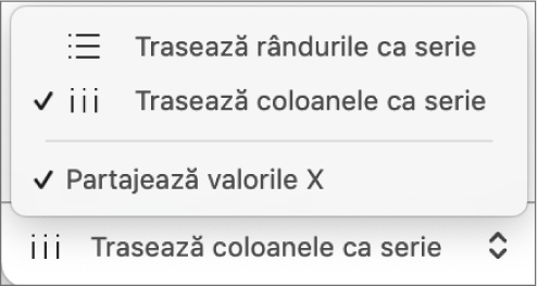 Meniul pop-up pentru a alege dacă rândurile sau coloanele vor fi trasate ca serii.