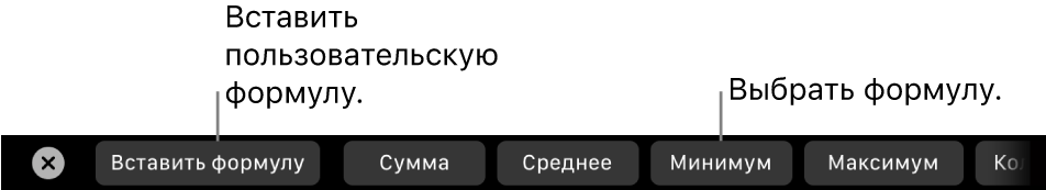 Панель Touch Bar на MacBook Pro. Показаны элементы управления для вставки произвольной формулы и выбора часто используемых формул.