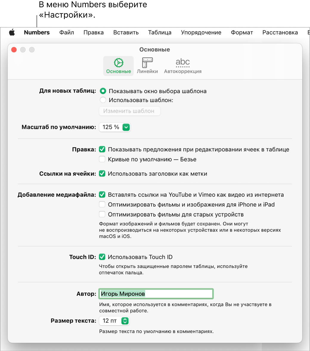 В окне настроек Numbers открыта панель «Основные». Показаны настройки новых таблиц, масштаба по умолчанию, редактирования, ссылок на ячейки, уравнений, добавления медиафайлов, Touch ID, имени автора и размера текста по умолчанию.