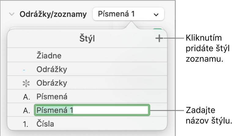 Vyskakovacie menu Štýly zoznamu s tlačidlom Pridať v pravom hornom rohu a názvom vzorového štýlu s označeným textom.