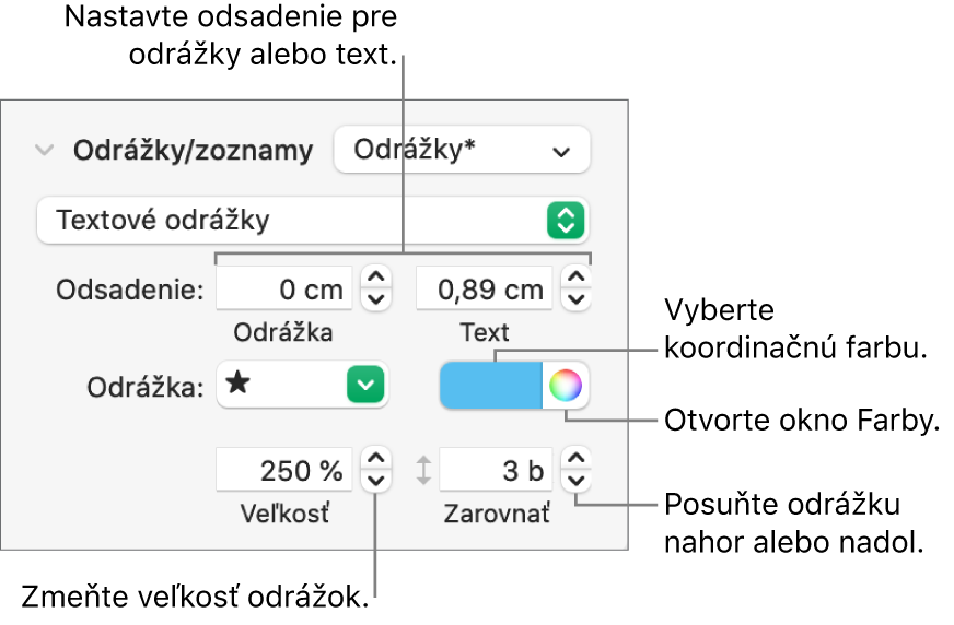 Časť Odrážky a zoznamy s bublinami popisujúcimi ovládacie prvky pre odsadenie odrážky a textu, farbu odrážky, veľkosť odrážky a zarovnanie.