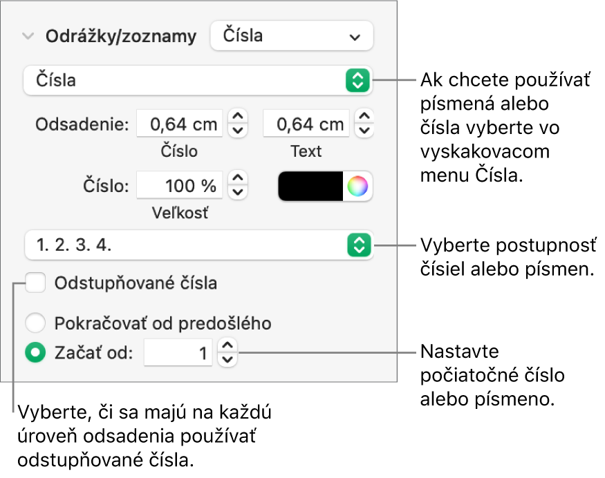 Ovládacie prvky na zmenu štýlu číslovania a medzier zoznamu.