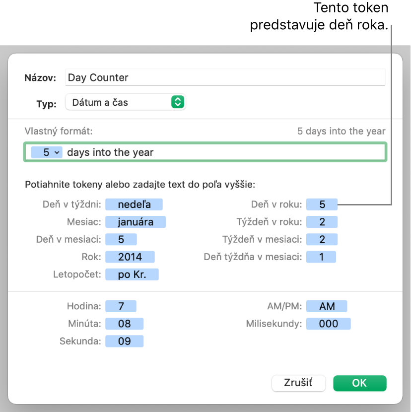 Vlastný formát dátumu a času.