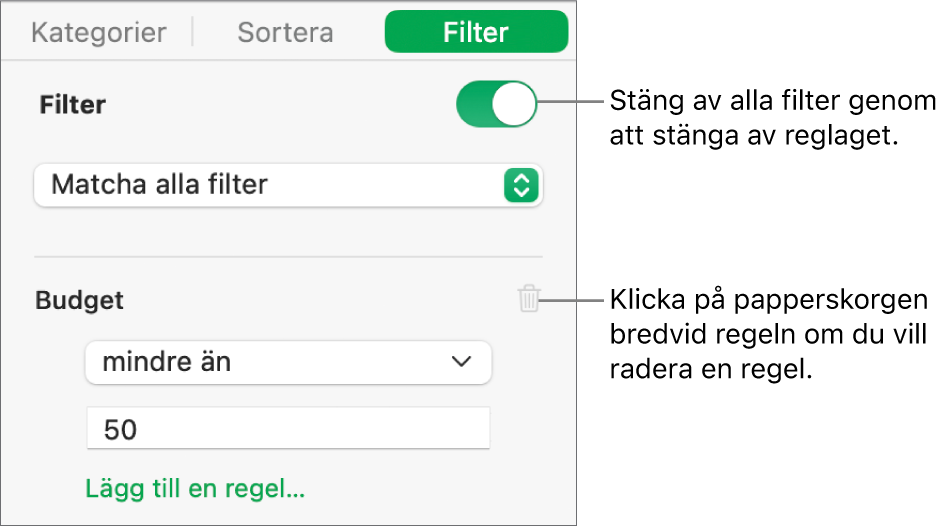 Reglage för att radera ett filter eller stänga av alla filter.