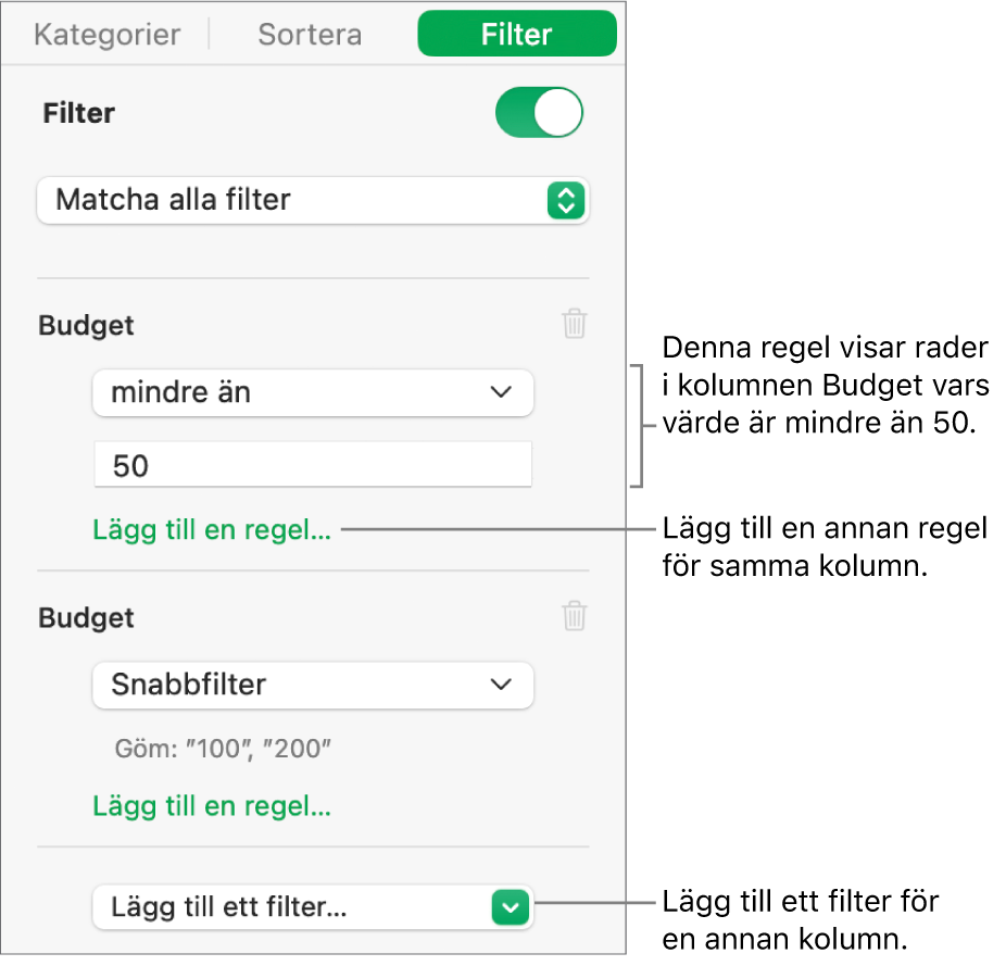 Reglage för att skapa filtreringsregler.