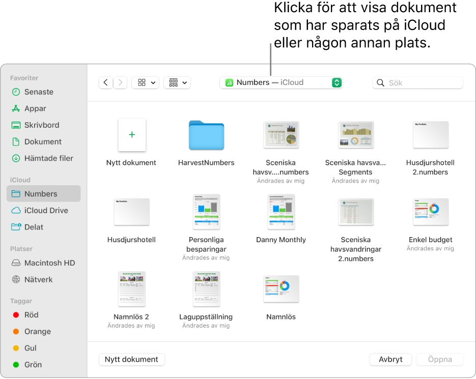 Dialogrutan med sidofältet öppet till vänster och iCloud Drive valt i popupmenyn upptill. Mappar för Keynote, Numbers och Pages visas i dialogrutan tillsammans med knappen Nytt dokument.