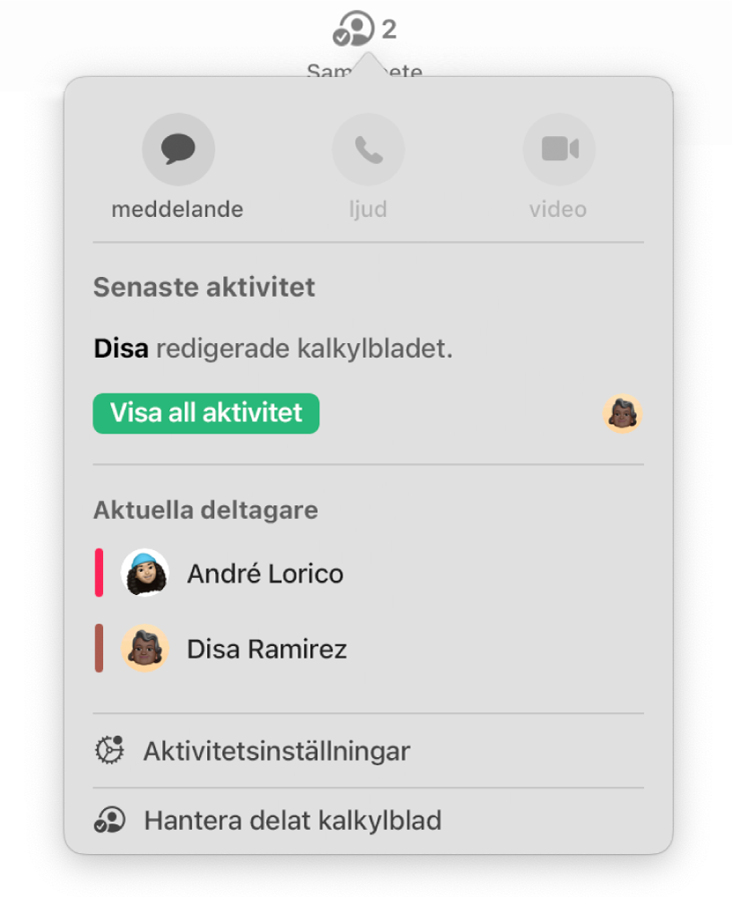 Samarbetsmenyn med namnen på de personer som samarbetar på ett kalkylblad.