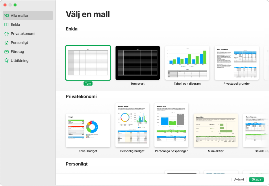 Mallväljaren. Ett sidofältet till vänster innehåller en lista med mallkategorier som du kan klicka på för att filtrera alternativen. Till höger finns miniatyrer av fördesignade mallar som är ordnade i rader efter kategorier. Högst upp visas Senaste, följt av Enkla och Privatekonomi. Popupmenyn Språk och region finns i det nedre vänstra hörnet och knapparna Avbryt och Skapa finns i det nedre högra hörnet.