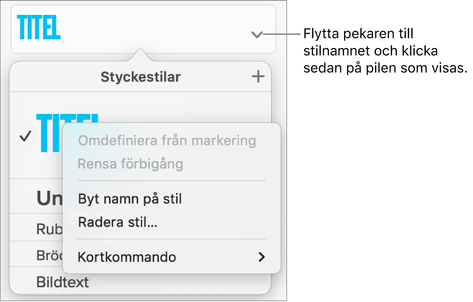 Menyn Styckestilar med öppen kontextmeny.