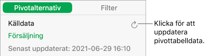 Fliken Pivotalternativ visar alternativet att uppdatera pivottabellen.
