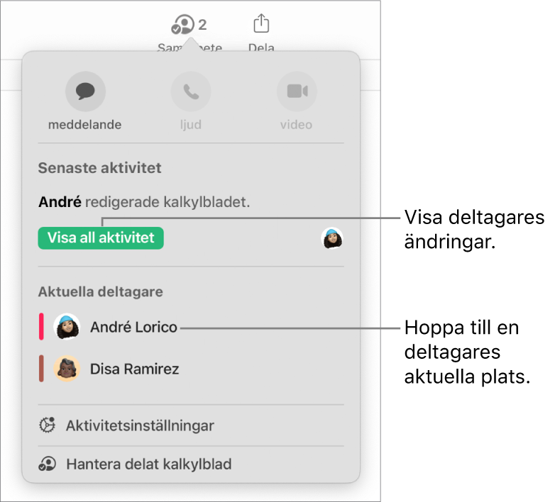 Samarbetsmenyn med två aktuella deltagare listade.