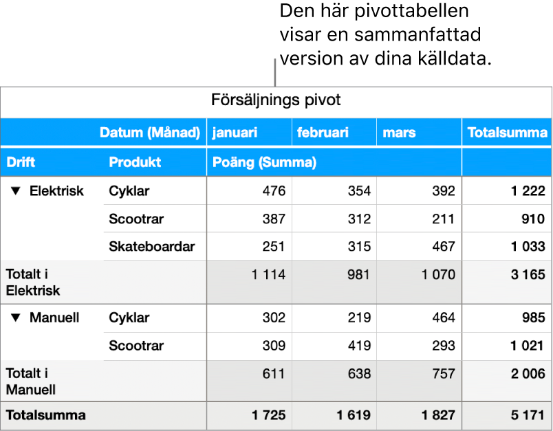 En pivottabell som visar sammanfattade data och reglage för att visa vissa data.