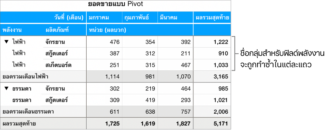 แผนภูมิแบบ Pivot ที่แสดงคำว่า ไฟฟ้าและธรรมดา ซึ่งเป็นชื่อกลุ่มสำหรับฟิลด์พลังงานที่ถูกทำซ้ำในแต่ละแถว