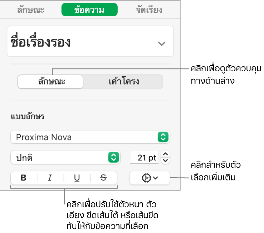 ตัวควบคุมลักษณะในแถบด้านข้างพร้อมคำอธิบายปุ่มตัวหนา ตัวเอียง ขีดเส้นใต้ และขีดทับ