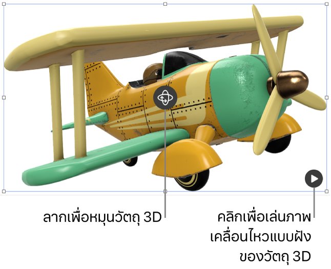 วัตถุ 3D ที่มีปุ่มหมุนที่กึ่งกลางของวัตถุและปุ่มเล่นที่มุมขวาล่าง