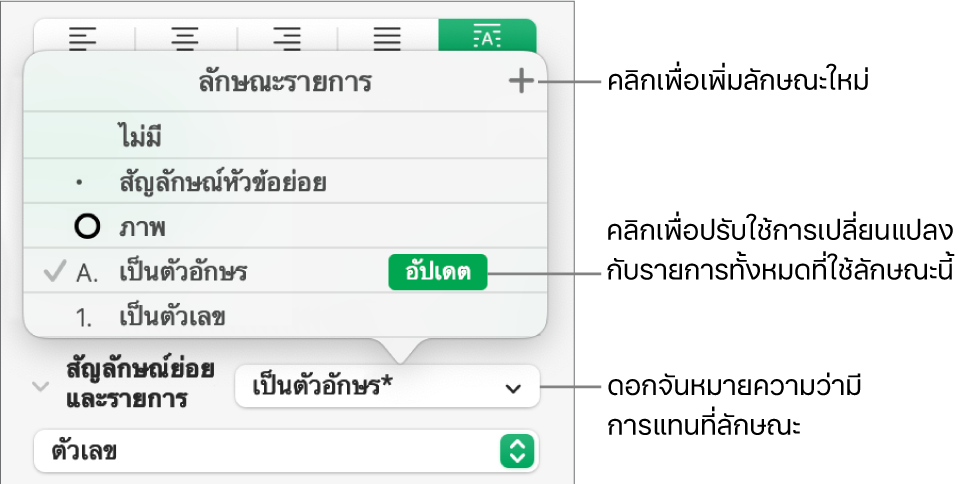 เมนูลักษณะรายการที่แสดงขึ้นที่มีเครื่องหมายดอกจันซึ่งบ่งบอกถึงการเขียนทับและคำอธิบายปุ่มลักษณะใหม่ และเมนูย่อยของตัวเลือกสำหรับจัดการลักษณะ