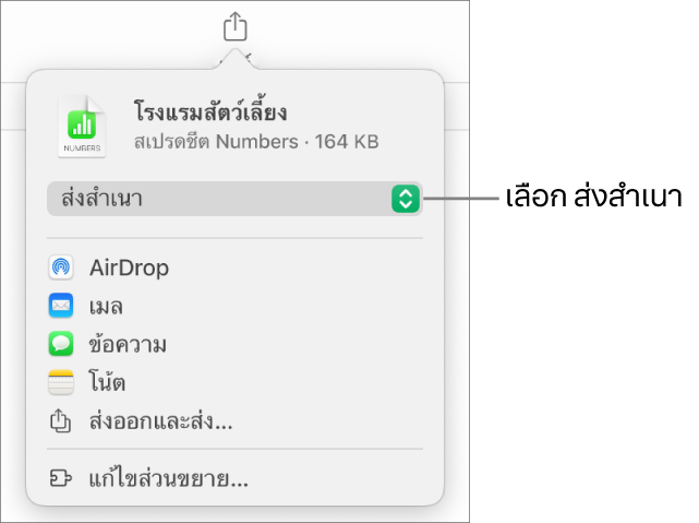 เมนูแชร์ที่มีส่งสำเนาถูกเลือกอยู่ที่ด้านบนสุด