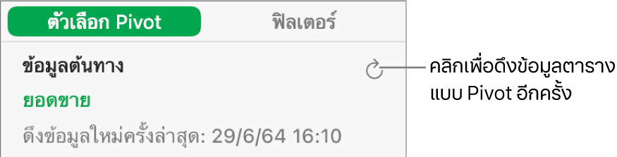 แถบตัวเลือก Pivot ที่แสดงตัวเลือกสำหรับดึงข้อมูลตารางแบบ Pivot ใหม่