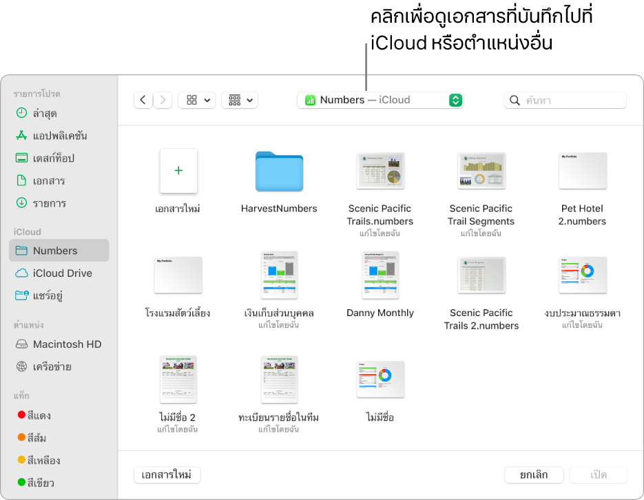 หน้าต่างโต้ตอบ เปิด พร้อมแถบด้านข้างที่เปิดอยู่ทางด้านซ้าย และเลือก iCloud Drive อยู่ในเมนูที่แสดงขึ้นที่ด้านบนสุด โฟลเดอร์ของ Keynote, Numbers และ Pages แสดงขึ้นในหน้าต่างโต้ตอบ พร้อมกับปุ่มเอกสารใหม่