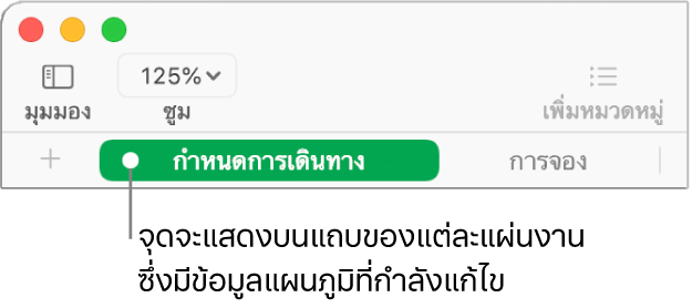 แถบแผ่นงานที่มีจุดระบุว่าตารางในแผ่นงานนี้ได้ถูกอ้างอิงถึงในแผนภูมิซึ่งมีข้อมูลที่คุณกำลังแก้ไขอยู่ในขณะนั้น