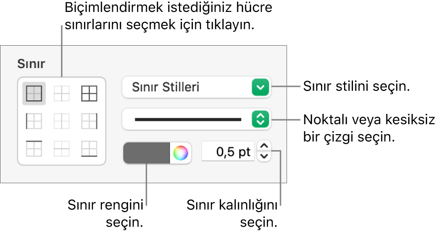 Hücre sınırlarına stil eklemeye ilişkin denetimler.