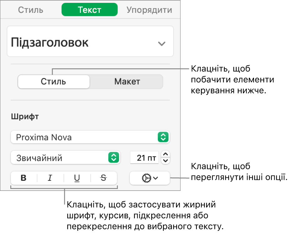 Елементи керування стилем на бічній панелі із виносками на кнопки «Жирний», «Курсив», «Підкреслення» і «Перекреслення».