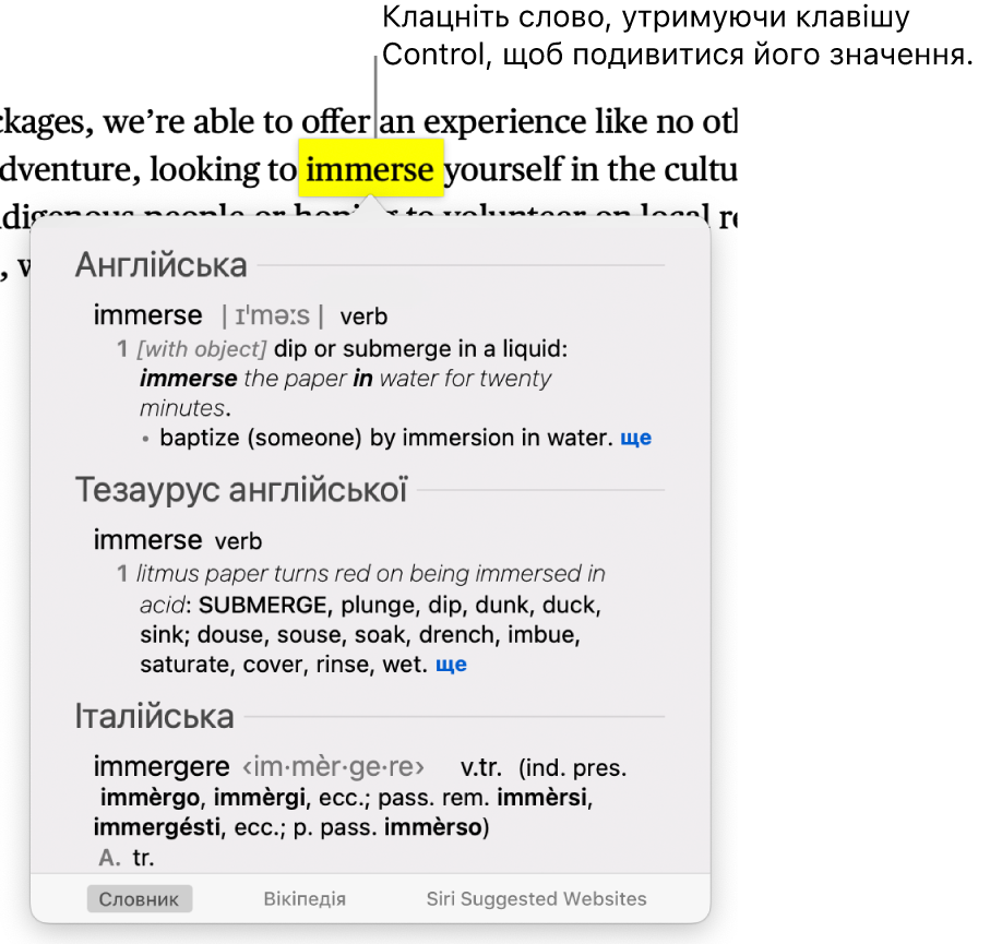 Текст із виділеним словом і вікно, в якому відображається його визначення та стаття з тезаурусу. Три кнопки внизу вікна містять посилання на вебсайти словника, Вікіпедії й пропозицій Siri.