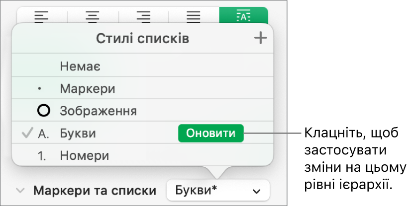 Спливне меню «Стилі списків» із кнопкою «Оновити» поруч із назвою нового стилю.