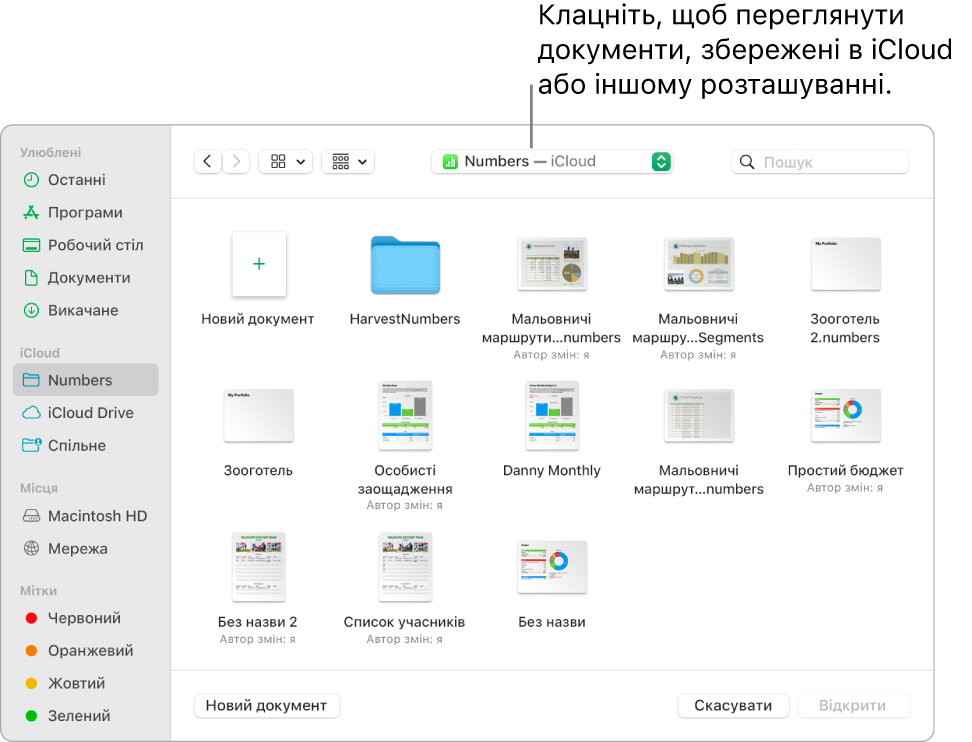 Діалогове вікно «Відкрити» з відкритою лівою бічною панеллю та вибраною іконкою iCloud Drive у спливному меню вгорі. У діалоговому вікні біля кнопки «Новий документ» також відображено папки Keynote, Numbers і Pages.